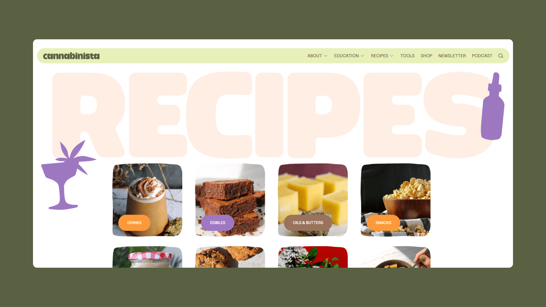 Cannabinista's recipes page, showing 8 types of recipes