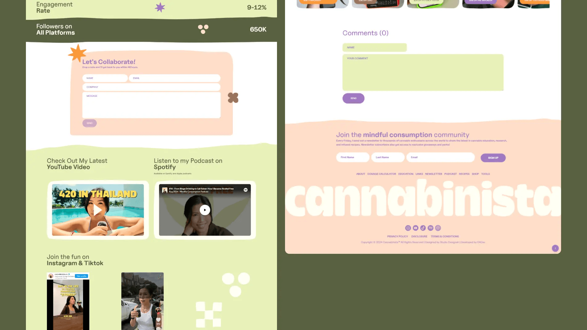 Cannabinista's footer sections, one showing latest social post, contact form and the other showing the main footer